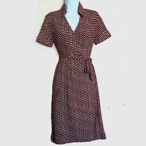 LOFT Stretchy Red, Black and White Patterned V Neck Midi Dress